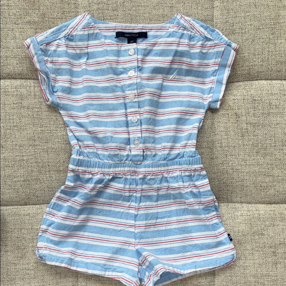 Nautica Kids Striped Romper in Blue, White, and Red